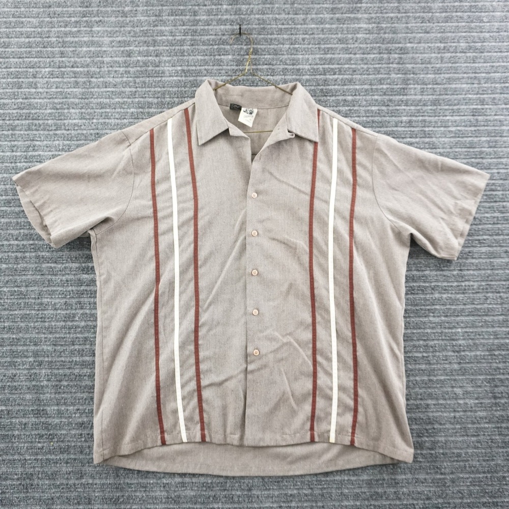 Vintage 70s Kennington Rayon Button Up Shirt XL Gray Vertical Stripe Camp Collar
